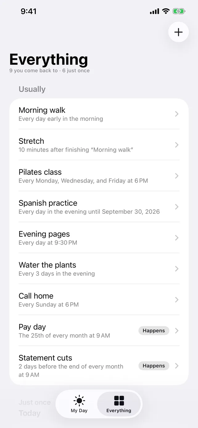 Everything: the rhythms you come back to, each said as a sentence
